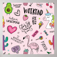 Girls fun concept with unicorn, flamingo, cactus, 