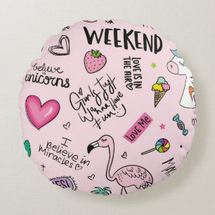 Girls fun concept with unicorn, flamingo, cactus, round cushion