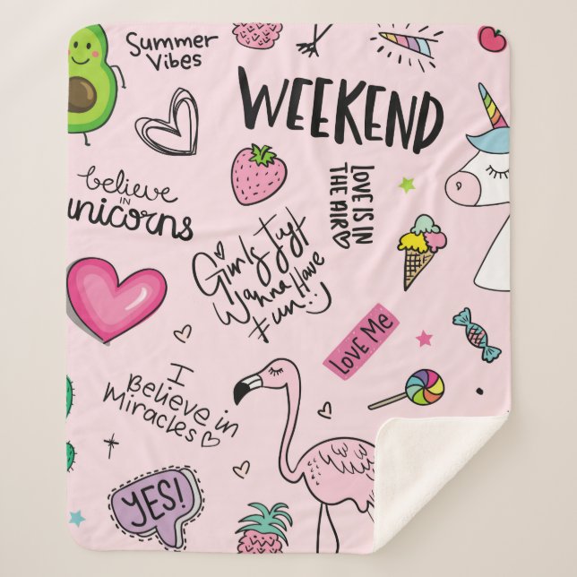 Girls fun concept with unicorn, flamingo, cactus,  sherpa blanket (Front)