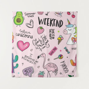 Girls fun concept with unicorn, flamingo, cactus, tapestry
