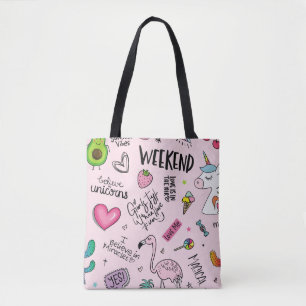 Girls fun concept with unicorn, flamingo, cactus,  tote bag