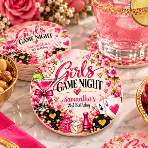 Girls Game Night Casino Pink Gold Birthday Round Paper Coaster