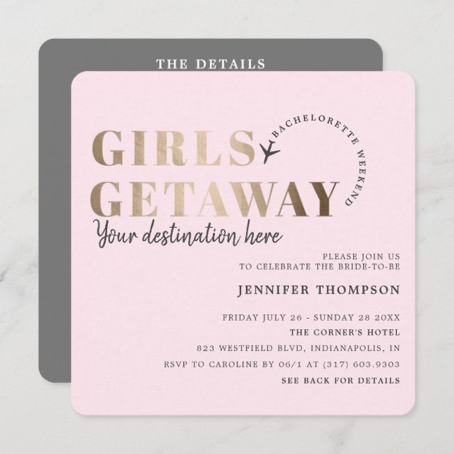 Girls Getaway Blush & Gold Bachelorette Weekend Invitation (Front/Back)