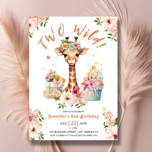 Girls Giraffe 2nd Birthday Pink Safari Two Wild Invitation (Creator Uploaded)