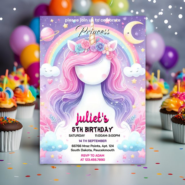 Girls girly cute purple pink unicorn 1st birthday invitation (Creator Uploaded)