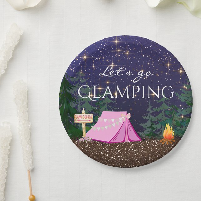 Girls Glamping Birthday Party Paper Plate (Cute glamping camping paper plates. You can add your own text.)