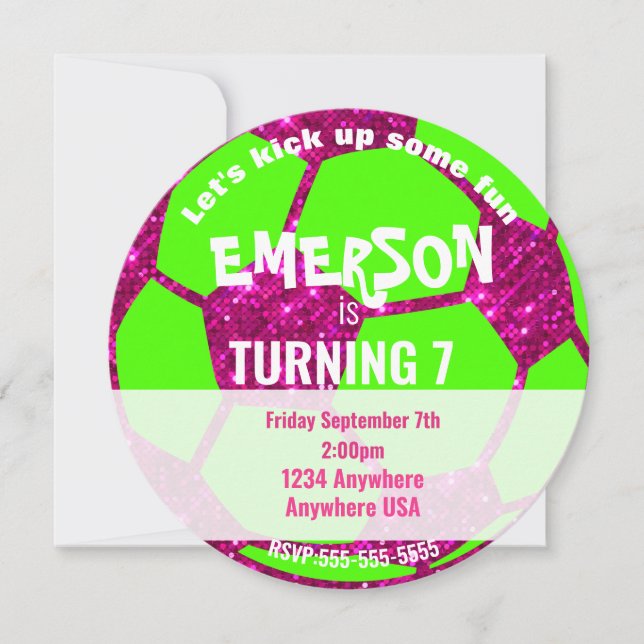 Girls Glitter Soccer Ball Birthday, Pink Neon Invitation (Front)