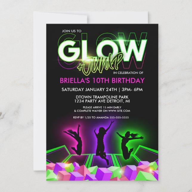 Girls Glow Trampoline Park Party Invitation (Front)