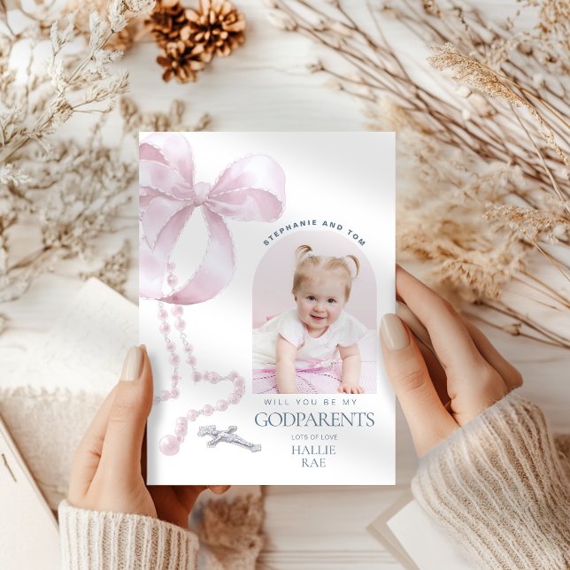 Girls Godparent Proposal, Pink Bow & Rosary Card (Creator Uploaded)