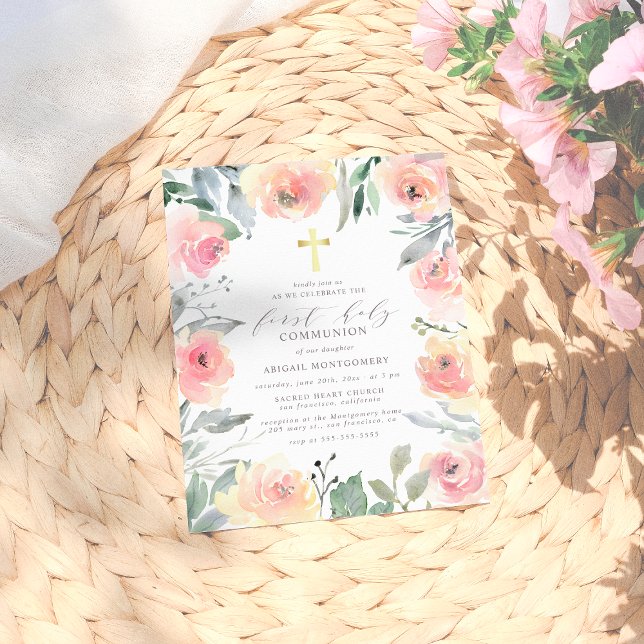 Girl's Gold Cross Pink Floral First Holy Communion Invitation Postcard (Creator Uploaded)