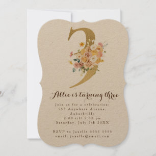 Girls Gold Floral 3rd Birthday Number 3 Party Invitation