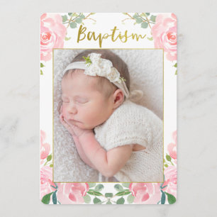 Girls Gold Pink Photo Baptism Invitation