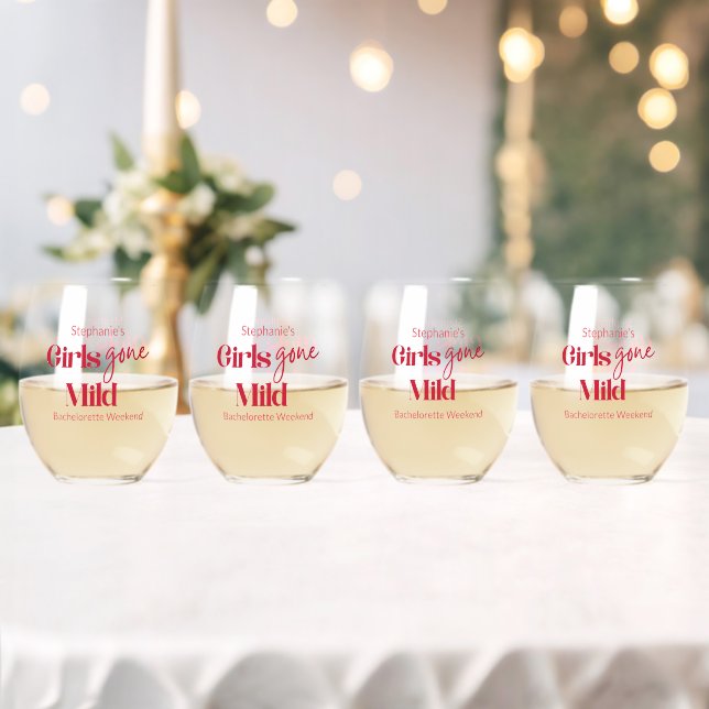 Girls Gone Mild Modern Bachelorette Spa Weekend Stemless Wine Glass (Insitu (Wedding))