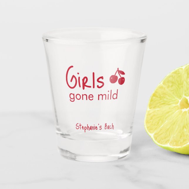 Girls Gone Mild Pink and Cherry Red Bachelorette   Shot Glass (Front)