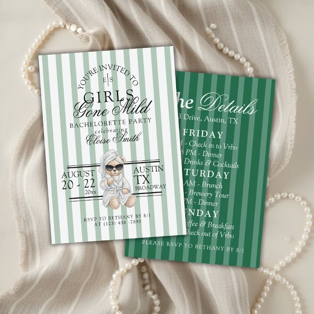 Girls Gone Mild Spa Bear Bachelorette Itinerary Invitation (Not every bachelorette party needs to be wild—and that’s exactly the vibe of Girls Gone Mild!)