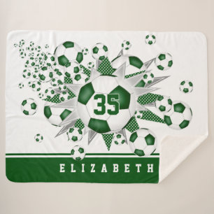 girls green white sports soccer balls stars  sherpa blanket