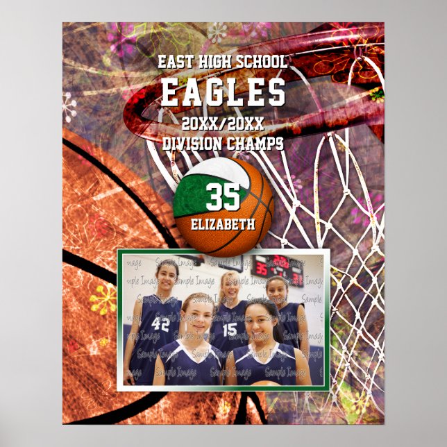 girls green white team colours photo basketball poster (Front)
