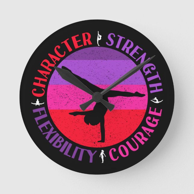 Girls Gymnastics Character Strength Courage Round Clock (Front)