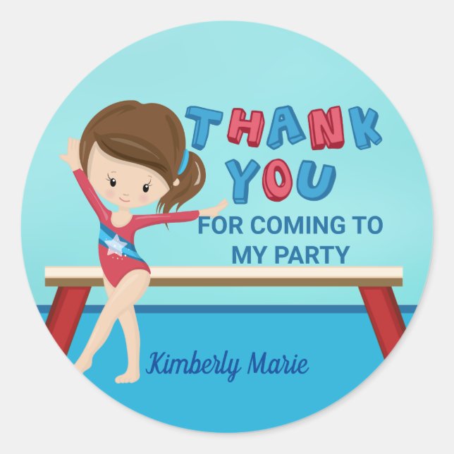 Girls Gymnastics Kids Birthday Party Thank You Classic Round Sticker (Front)