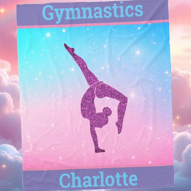 Girls Gymnastics Leap Pastel Fleece Blanket (Pink Purple Blue Gradient Magical Gymnastics Personalized Blanket with Name)