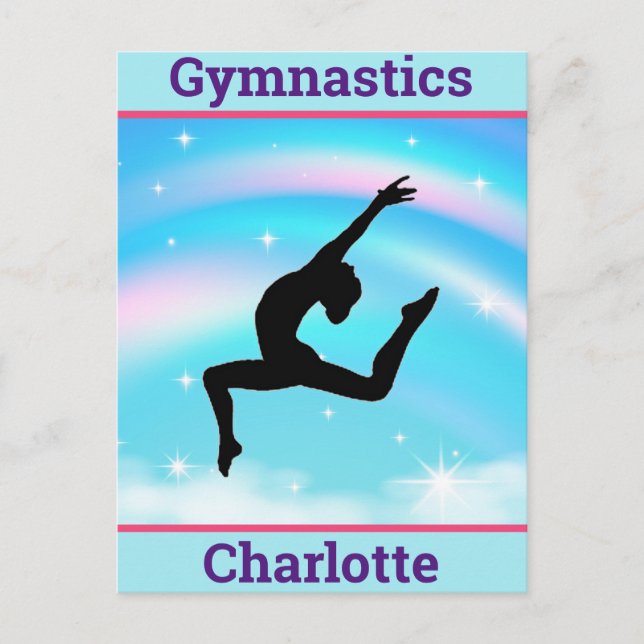 Girls Gymnastics Leap Rainbow Clouds Postcard (Front)