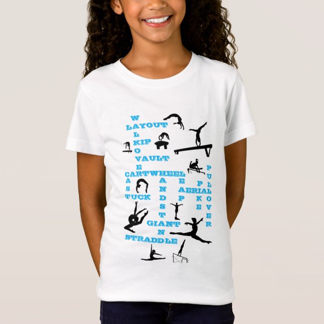 Girls Gymnastics Skills Blue Crosswords T-Shirt (Front)
