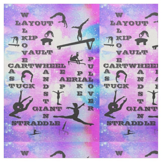 Girls Gymnastics Skills Crossword Print Fabric (Close Up)