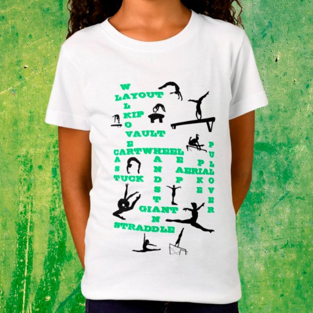 Girls Gymnastics Skills Green Crosswords T-Shirt (Creator Uploaded)