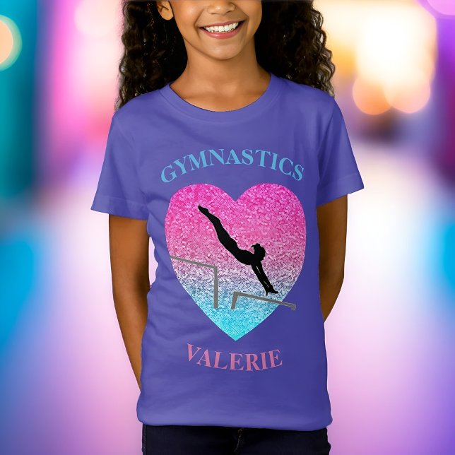 Girls Gymnastics T-Shirt for Gymnast - Uneven Bars (Girls Gymnastics Bars Tee in Pink Turquoise Purple by Glitter Leo's )