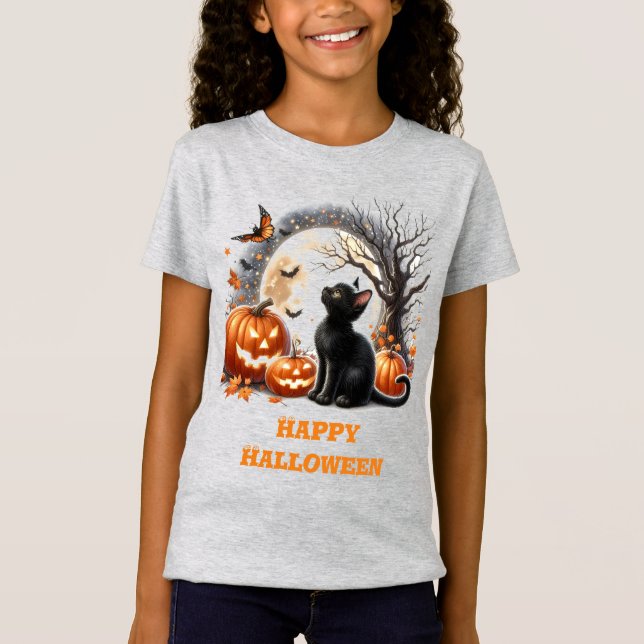 Girls Halloween Black Cat Grey Crewneck T-Shirt (Front)