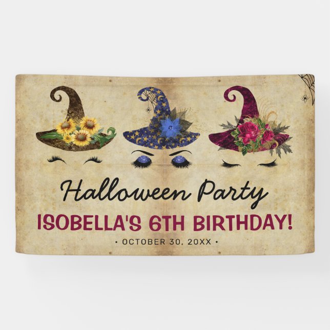 Girls Halloween Witches Kids Birthday Party Banner (Horizontal)