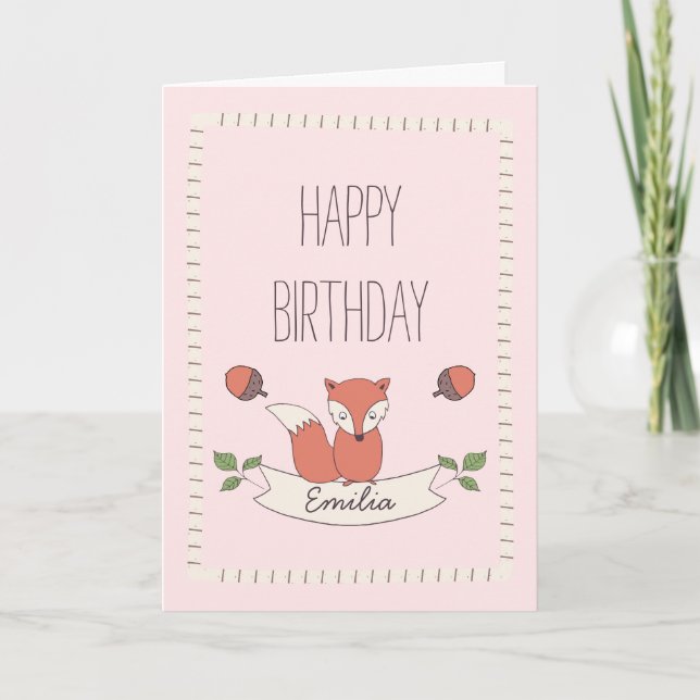 Girl's Hand Drawn Fox Birthday Card (Front)