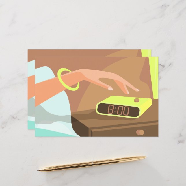Girls hand pushing on alarm clock snooze button (Front/Back In Situ)