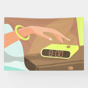 Girls hand pushing on alarm clock snooze button banner