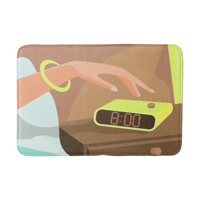 Girls hand pushing on alarm clock snooze button bath mat (Front)