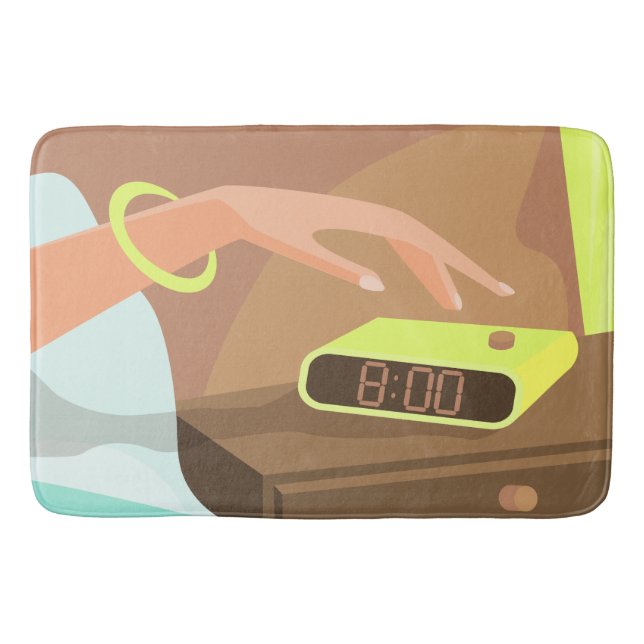 Girls hand pushing on alarm clock snooze button bath mat (Front)