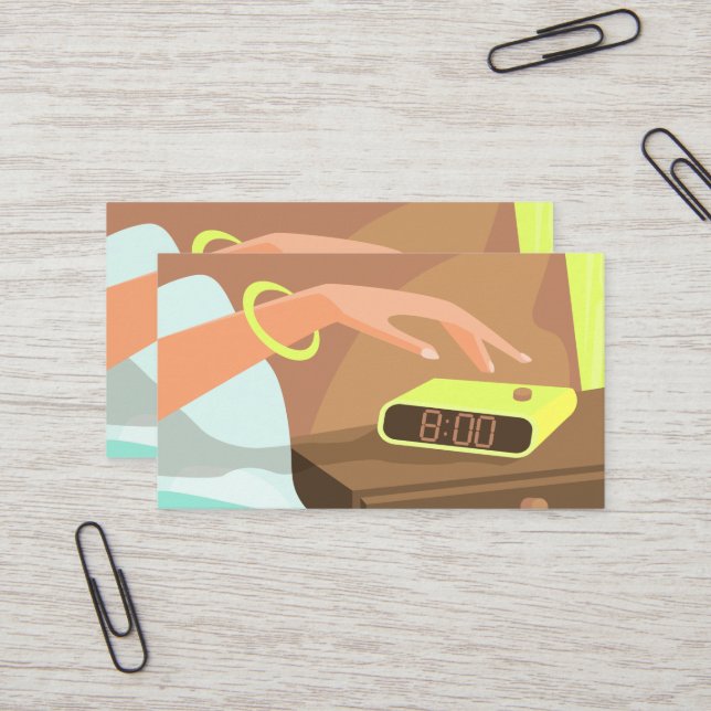 Girls hand pushing on alarm clock snooze button business card (Front/Back In Situ)