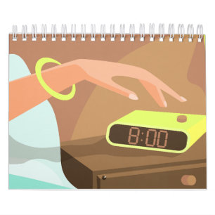 Girls hand pushing on alarm clock snooze button calendar