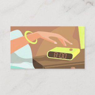 Girls hand pushing on alarm clock snooze button calling card