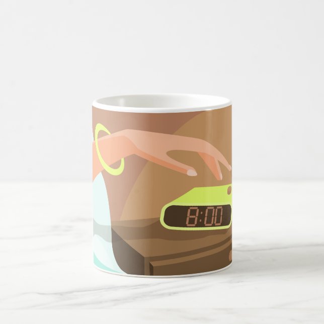 Girls hand pushing on alarm clock snooze button coffee mug (Center)