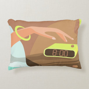 Girls hand pushing on alarm clock snooze button decorative cushion