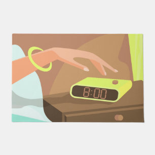 Girls hand pushing on alarm clock snooze button doormat