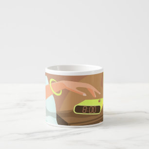 Girls hand pushing on alarm clock snooze button espresso cup