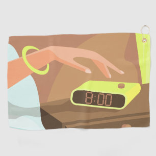 Girls hand pushing on alarm clock snooze button golf towel