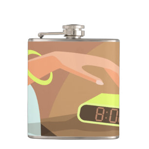 Girls hand pushing on alarm clock snooze button hip flask