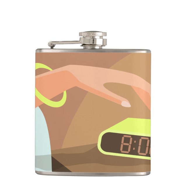 Girls hand pushing on alarm clock snooze button hip flask (Front)
