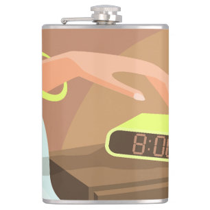 Girls hand pushing on alarm clock snooze button hip flask