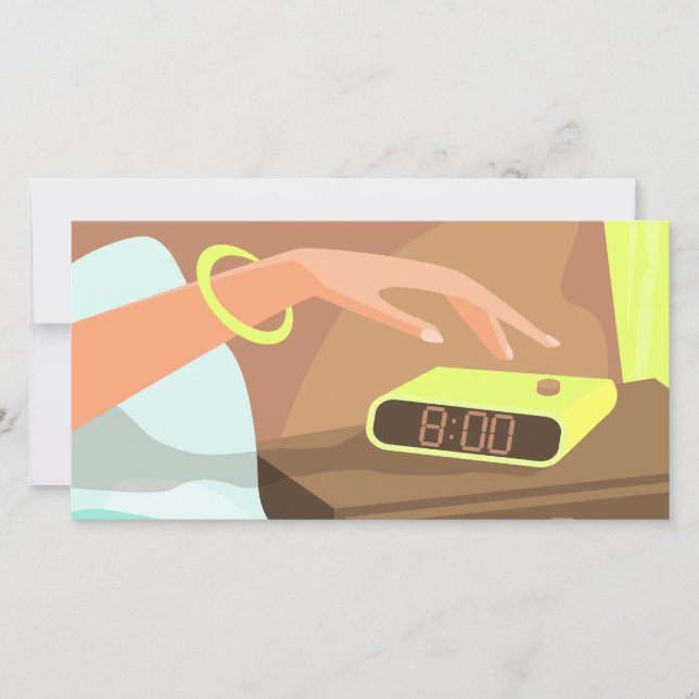 Girls hand pushing on alarm clock snooze button holiday card (Front)