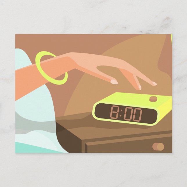 Girls hand pushing on alarm clock snooze button holiday postcard (Front)