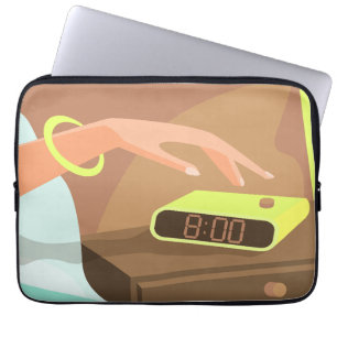 Girls hand pushing on alarm clock snooze button laptop sleeve